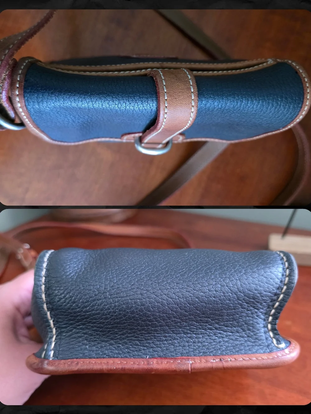 Dooney & Bourke Vintage Mini Flap Crossbody Navy Tan AWL Leather Bag